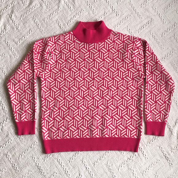 Cherie Collette Pink Geometric Knit Sweater Medium Mock Neck Barbiecore Coquette - Picture 2 of 7